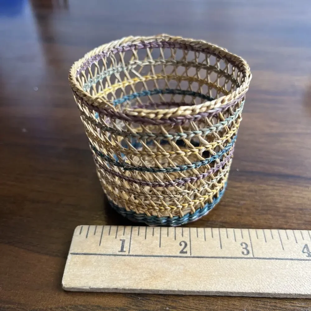 Vintage Woven Wicker Rattan Baskets Cup Glass Holder Boho Multicolor Set of 8
